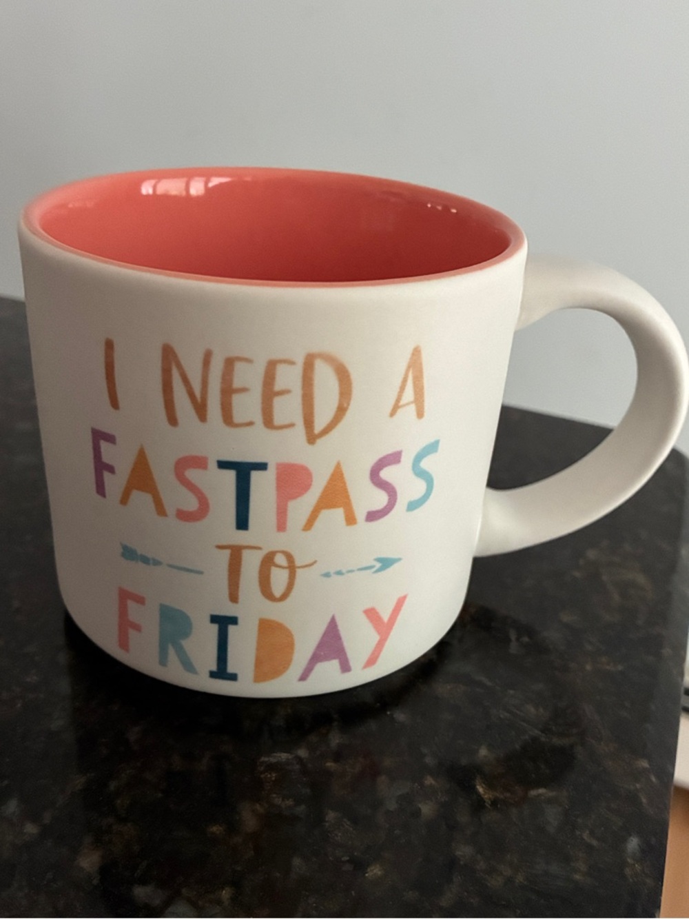 Disney Fastpass White Ceramic Mug with Coral Interior and Multicolor Lettering